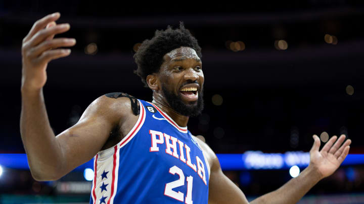 Feb 1, 2023; Philadelphia, Pennsylvania, USA; Philadelphia 76ers center Joel Embiid (21) smiles after a victory against the Orlando Magic at Wells Fargo Center. Mandatory Credit: Bill Streicher-USA TODAY Sports