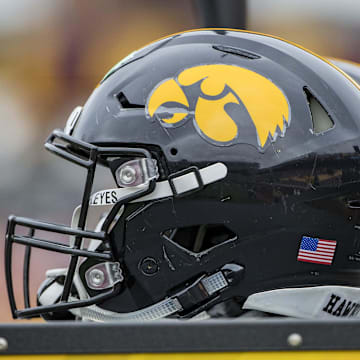 Oct 6, 2018; Minneapolis, MN, USA; A general view of the Iowa Hawkeyes helmets before a game against the Minnesota Golden Gophers at TCF Bank Stadium. Mandatory Credit: Jesse Johnson-Imagn Images