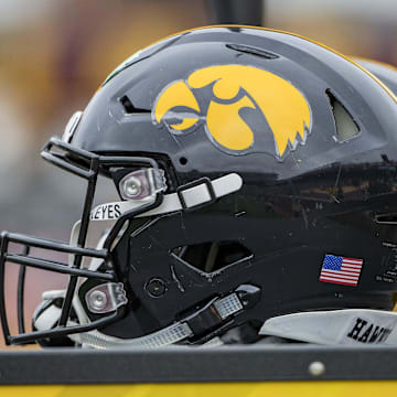 Oct 6, 2018; Minneapolis, MN, USA; A general view of the Iowa Hawkeyes helmets before a game against the Minnesota Golden Gophers at TCF Bank Stadium. Mandatory Credit: Jesse Johnson-Imagn Images