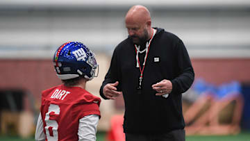 May 9, 2025; East Rutherford, NJ, USA; New York Giants head coach Brian Daboll talks with quarterback Jaxson Dart (6) during rookie minicamp at Quest Diagnostics Training Center. Mandatory Credit: John Jones-Imagn Images