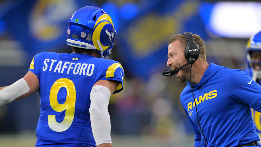 Jan 4, 2026; Inglewood, California, USA;  Los Angeles Rams head coach Sean McVay reacts with quarterback Matthew Stafford (9) after a touchdown against the Arizona Cardinals during the second half at SoFi Stadium. Mandatory Credit: Jayne Kamin-Oncea-Imagn Images