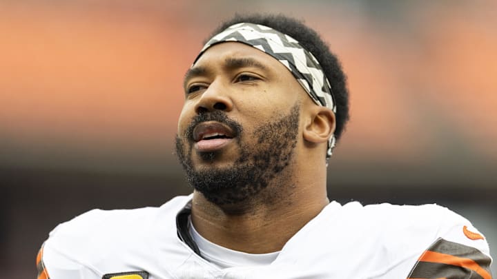 Cleveland Browns defensive end Myles Garrett walks off the field. Cleveland Browns defensive end Myles Garrett walks off the field.