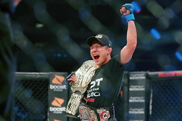 Kyoji Horiguchi celebrates after his win over Darrion Caldwell during Bellator 222 at Madison Square Garden. 