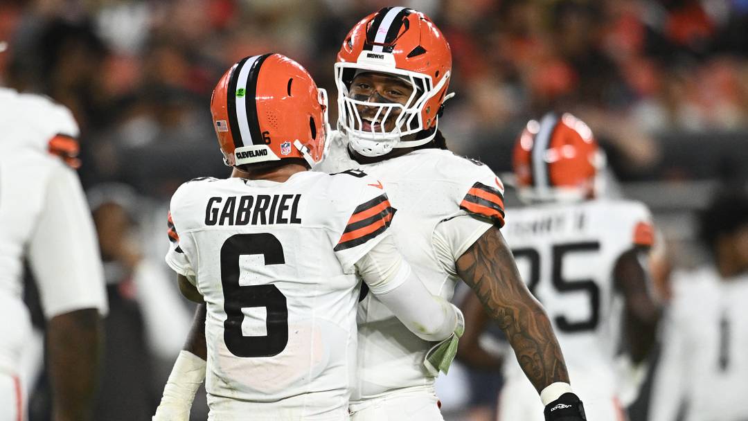 Aug 27, 2026; Cleveland, Ohio, USA;  Cleveland Browns quarterback Dillon Gabriel (6) elebrates with Cleveland Browns center Kingsley Eguakun (65) after a touchdown against the New England Patriots during the first half at Huntington Bank Field.  Mandatory Credit: Ken Blaze-Imagn Images