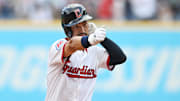 Jul 24, 2025; Cleveland, Ohio, USA; Cleveland Guardians left fielder Steven Kwan (38) rounds the bases after hitting a home run during the fifth inning against the Baltimore Orioles at Progressive Field. Mandatory Credit: Ken Blaze-Imagn Images