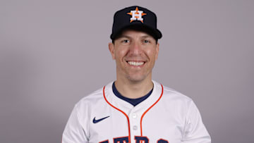 Feb 20, 2025; West Palm Beach, FL, USA;  Houston Astros hitting coach Troy Snitker (46) poses for a photo at the Houston Astros media day. Mandatory Credit: Reinhold Matay-Imagn Images