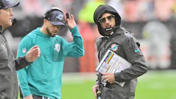 Oct 19, 2025; Cleveland, Ohio, USA; Miami Dolphins head coach Mike McDaniel reacts during the first half against the Cleveland Browns at Huntington Bank Field. Mandatory Credit: Ken Blaze-Imagn Images