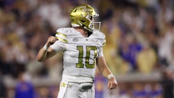 Nov 22, 2025; Atlanta, Georgia, USA; Georgia Tech Yellow Jackets quarterback Haynes King (10) reacts after a touchdown pass against the Pittsburgh Panthers in the second quarter at Bobby Dodd Stadium at Hyundai Field. Mandatory Credit: Brett Davis-Imagn Images