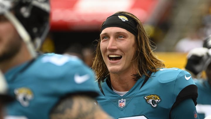 Sep 11, 2022; Landover, Maryland, USA; Jacksonville Jaguars quarterback Trevor Lawrence (16) on the sidelines against the Washington Commanderse during the second half at FedExField. Mandatory Credit: Brad Mills-USA TODAY Sports