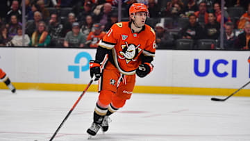 Apr 7, 2025; Anaheim, California, USA; Anaheim Ducks left wing Cutter Gauthier (61) in action against the Edmonton Oilers during the second period at Honda Center. Mandatory Credit: Gary A. Vasquez-Imagn Images