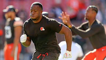 Cleveland Browns running back Nick Chubb warms up before an NFL football game against the Cincinnati Bengals at Huntington Bank Field, Sunday, Oct. 20, 2024, in Cleveland, Ohio.