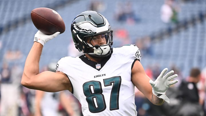 Aug 15, 2024; Foxborough, MA, USA; Philadelphia Eagles tight end C.J. Uzomah (87) warms up before a game against the New England Patriots at Gillette Stadium. Mandatory Credit: Eric Canha-USA TODAY Sports