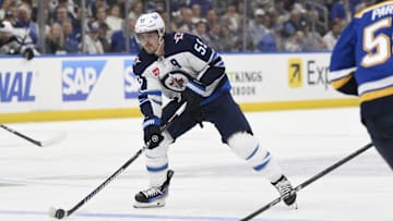 Apr 27, 2025; St. Louis, Missouri, USA; Winnipeg Jets center Mark Scheifele (55) skates against the St. Louis Blues during the first period in game four of the first round of the 2025 Stanley Cup Playoffs at Enterprise Center. Mandatory Credit: Jeff Le-Imagn Images