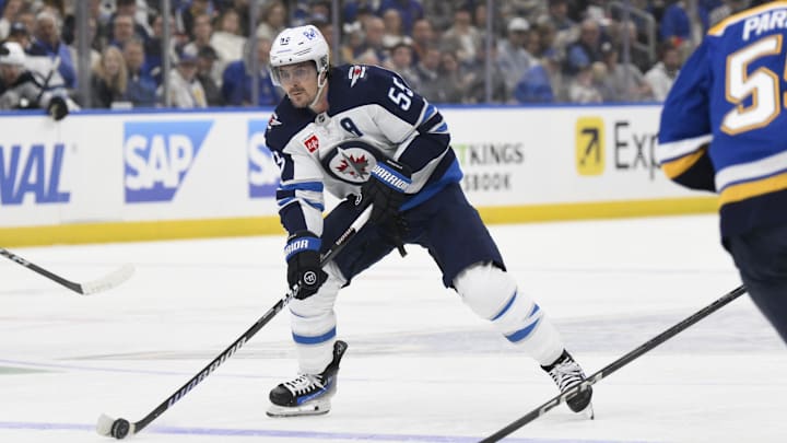 Apr 27, 2025; St. Louis, Missouri, USA; Winnipeg Jets center Mark Scheifele (55) skates against the St. Louis Blues during the first period in game four of the first round of the 2025 Stanley Cup Playoffs at Enterprise Center. Mandatory Credit: Jeff Le-Imagn Images
