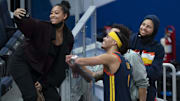 Sydel Curry (far left) takes a selfie with Golden State Warriors guard Damion Lee (second from left), Philadelphia 76ers guard Seth Curry (second from right), and Warriors guard Stephen Curry (far right) after the game at Chase Center.