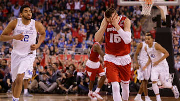 Wisconsin Badgers forward Sam Dekker (15) reacts after hitting a key three point shot with about 1:30 remaining during their second half of their NCAA Final Four tournament college basketball semifinal game Saturday, April 4 2015 at Lucas Oil Stadium in Indianapolis, Ind. MARK HOFFMAN/MHOFFMAN@JOURNALSENTINEL.COM