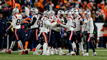 Dec 24, 2023; Denver, Colorado, USA; New England Patriots place kicker Chad Ryland (37) celebrates