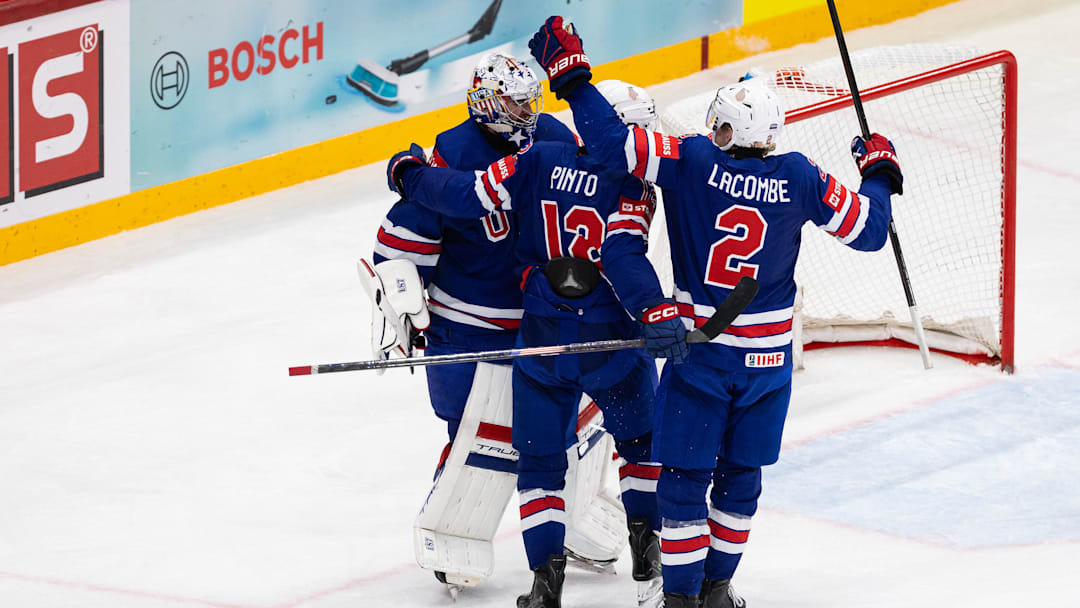 Sweden v USA - 2025 IIHF Ice Hockey World Championship - Shane Pinto, Jackson Lacombe, Jeremy Swayman