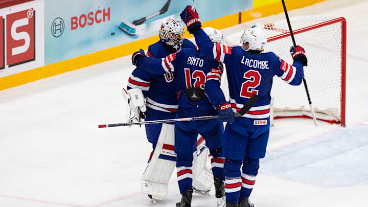 Sweden v USA - 2025 IIHF Ice Hockey World Championship - Shane Pinto, Jackson Lacombe, Jeremy Swayman