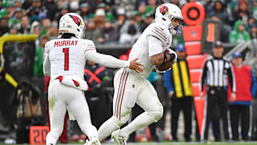 Dec 31, 2023; Philadelphia, Pennsylvania, USA; Arizona Cardinals quarterback Kyler Murray (1) hands