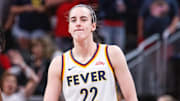 Jul 9, 2025; Indianapolis, Indiana, USA; Indiana Fever guard Caitlin Clark (22) in the first half against Golden State Valkyries at Gainbridge Fieldhouse. Mandatory Credit: Trevor Ruszkowski-Imagn Images