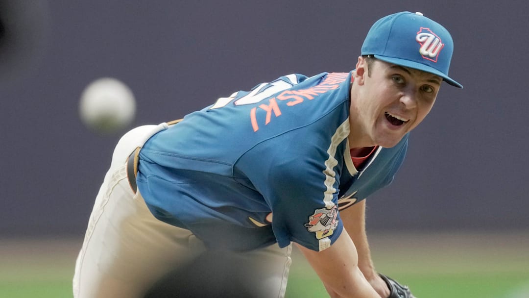 Milwaukee Brewers pitcher Jacob Misiorowski (32) throws during the first inning of their game against the New York Yankees Friday, May 8, 2026 at American Family Field in Milwaukee, Wisconsin.