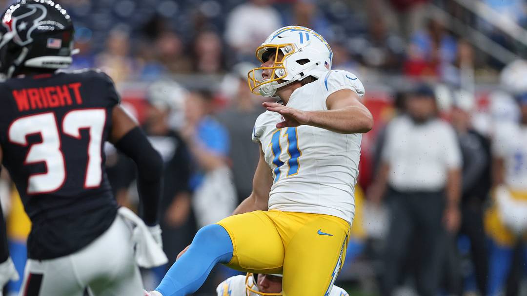Aug 13, 2026; Houston, Texas, USA;  Los Angeles Chargers kicker Cameron Dicker (11) kicks a field goal during the game against the Houston Texans at Reliant Stadium. Mandatory Credit: Troy Taormina-Imagn Images