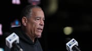 Apr 6, 2025; San Antonio, TX, USA; Houston head coach Kelvin Sampson talks to the media at the Alamodome. Mandatory Credit: Robert Deutsch-Imagn Images