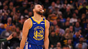 Golden State Warriors guard Stephen Curry (30) reacts after a play Denver Nuggets during the fourth quarter at Chase Center. 
