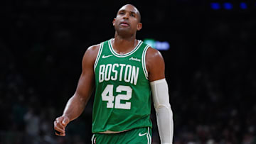 May 7, 2025; Boston, Massachusetts, USA; Boston Celtics center Al Horford (42) returns up court against the New York Knicks in the fourth quarter during game two of the second round for the 2025 NBA Playoffs at TD Garden. Mandatory Credit: David Butler II-Imagn Images