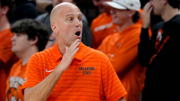 Oklahoma State coach Steve Lutz shouts during an NCAA basketball game between the Oklahoma State University Cowboys (OSU) and Oral Roberts at Gallagher-Iba Arena in Stillwater, Okla., Tuesday, Nov. 4, 2025. Oklahoma State on 95-71.