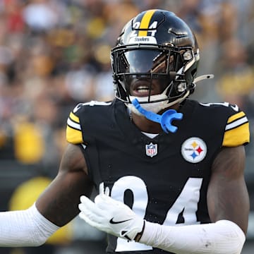 Nov 2, 2025; Pittsburgh, Pennsylvania, USA;  Pittsburgh Steelers cornerback Joey Porter Jr. (24) reacts on the field against the Indianapolis Colts during the fourth quarter at Acrisure Stadium. Mandatory Credit: Charles LeClaire-Imagn Images