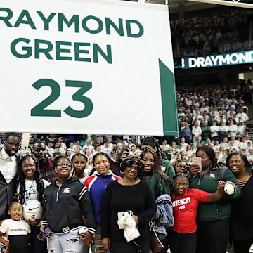 Dec 3, 2019; East Lansing, MI, USA; Former Michigan State Spartans Draymond Green has his jersey retired during half time at Breslin Center. Mandatory Credit: Mike Carter-Imagn Images