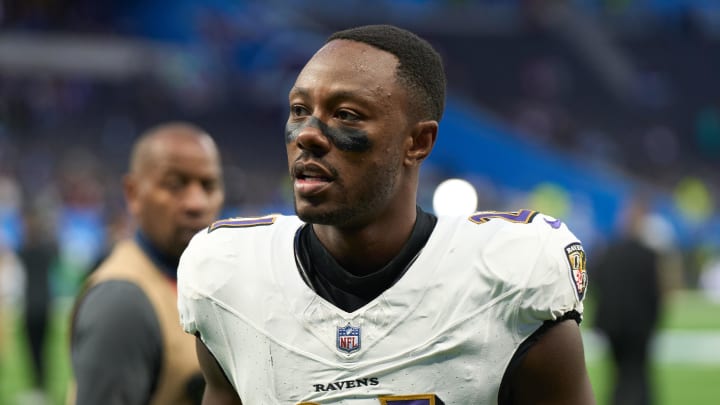 Oct 15, 2023; London, United Kingdom;  Baltimore Ravens cornerback Brandon Stephens (21) after an NFL International Series game at Tottenham Hotspur Stadium. Mandatory Credit: Peter van den Berg-USA TODAY Sports