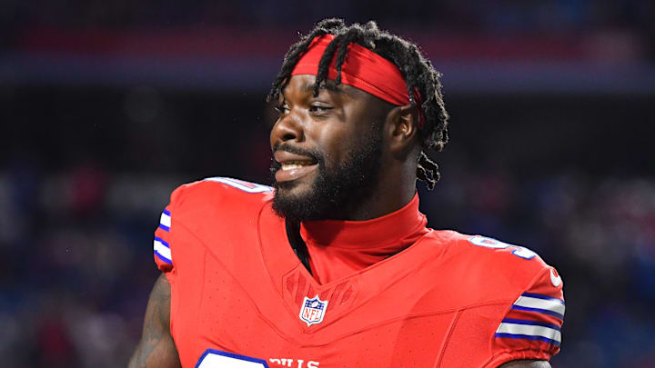 Oct 15, 2023; Orchard Park, New York, USA; Buffalo Bills defensive end Shaq Lawson (90) warms up before a game New York Giants at Highmark Stadium. Mandatory Credit: Mark Konezny-Imagn Images