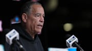Houston head coach Kelvin Sampson talks to the media at the Alamodome. 