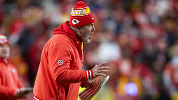 Jan 26, 2025; Kansas City, MO, USA; Kansas City Chiefs special teams coordinator Dave Toub against the Buffalo Bills in the AFC Championship game at GEHA Field at Arrowhead Stadium. Mandatory Credit: Mark J. Rebilas-Imagn Images
