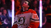 Mar 5, 2025; Vancouver, British Columbia, CAN; Anaheim Ducks goaltender John Gibson (36) during the first period against the Vancouver Canucks  at Rogers Arena. Mandatory Credit: Simon Fearn-Imagn Images