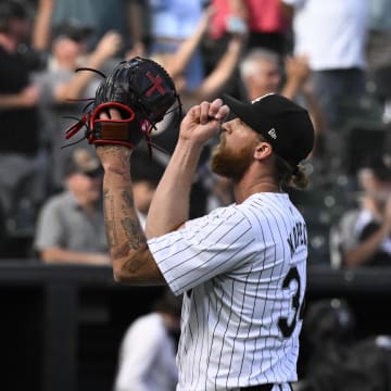 Jun 27, 2024; Chicago, Illinois, USA; Chicago White Sox pitcher Michael Kopech (34) reacts after the game against the Atlanta Braves at Guaranteed Rate Field. Mandatory Credit: Matt Marton-USA TODAY Sports