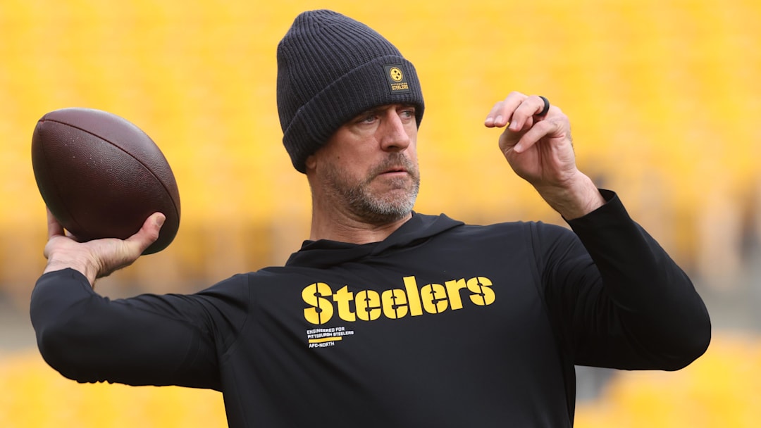 Nov 2, 2025: Pittsburgh Steelers quarterback Aaron Rodgers (8) warms up at Acrisure Stadium.