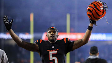 Dec 28, 2024; Cincinnati, Ohio, USA; Cincinnati Bengals wide receiver Tee Higgins (5) walks off the field after the victory over the Denver Broncos at Paycor Stadium. Mandatory Credit: Katie Stratman-Imagn Images