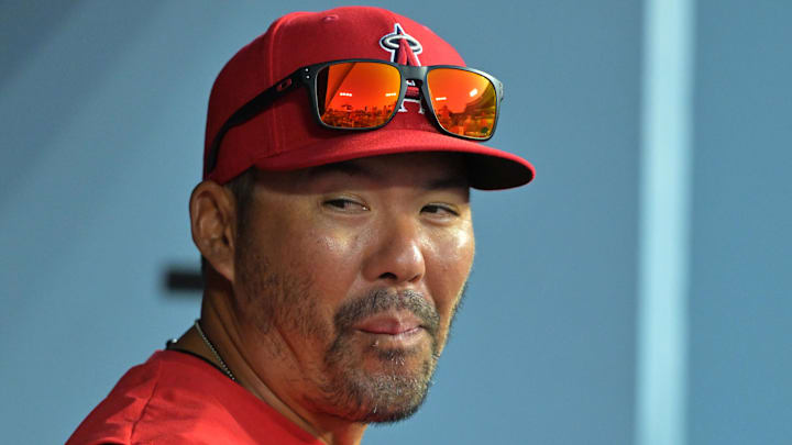 Mar 24, 2026; Los Angeles, California, USA;  Los Angeles Angels manager Kurt Suzuki (8) in the dugout during the game against the Los Angeles Dodgers at Dodger Stadium. Mandatory Credit: Jayne Kamin-Oncea-Imagn Images