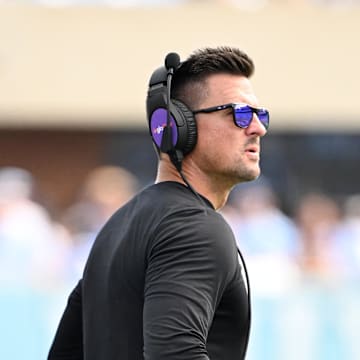 Sep 21, 2024; Chapel Hill, North Carolina, USA; James Madison Dukes head coach Bob Chesney on the sidelines in the second quarter at Kenan Memorial Stadium. Mandatory Credit: Bob Donnan-Imagn Images