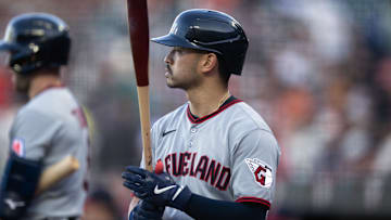 Jun 17, 2025; San Francisco, California, USA; Cleveland Guardians left fielder Steven Kwan (38) awaits his turn at bat against the San Francisco Giants during the first inning at Oracle Park. Mandatory Credit: D. Ross Cameron-Imagn Images