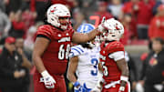 Oct 28, 2023; Louisville, Kentucky, USA;  Louisville Cardinals running back Jawhar Jordan (25) celebrates with offensive lineman Michael Gonzalez (68) after making a first down against the Duke Blue Devils during the second half at L&N Federal Credit Union Stadium. Louisville defeated Duke 23-0. Mandatory Credit: Jamie Rhodes-Imagn Images