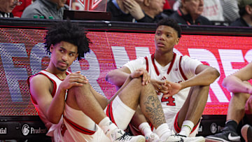Mar 9, 2025; Piscataway, New Jersey, USA; Rutgers Scarlet Knights guard Dylan Harper (2) and Rutgers Scarlet Knights guard Ace Bailey (4) looks on during the second half against the Minnesota Golden Gophers at Jersey Mike's Arena. Mandatory Credit: Vincent Carchietta-Imagn Images