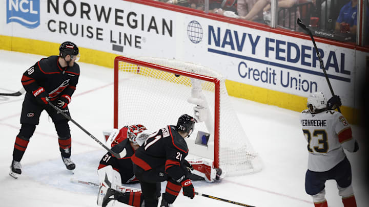 May 28, 2025; Raleigh, North Carolina, USA; Florida Panthers forward Carter Verhaeghe (23) scores during the third period against the Carolina Hurricanes in game five of the Eastern Conference Final of the 2025 Stanley Cup Playoffs at Lenovo Center. May 28, 2025; Raleigh, North Carolina, USA; Florida Panthers forward Carter Verhaeghe (23) scores during the third period against the Carolina Hurricanes in game five of the Eastern Conference Final of the 2025 Stanley Cup Playoffs at Lenovo Center.