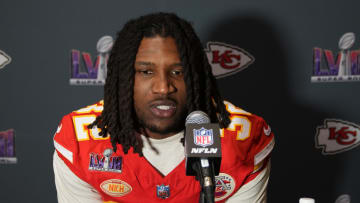 Feb 8, 2024; Las Vegas, NV, USA;  Kansas City Chiefs linebacker Nick Bolton (32) during a press conference before Super Bowl LVIII at Westin Lake Las Vegas Resort and Spa. Mandatory Credit: Kyle Terada-USA TODAY Sports