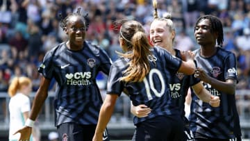Aug 25, 2024; Washington, District of Columbia, USA; Washington Spirit midfielder Leicy Santos (10) celebrates with teammates after scoring a goal against the Kansas City Current during the second half at Audi Field. Mandatory Credit: Amber Searls-USA TODAY Sports