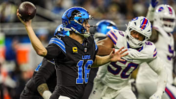 Detroit Lions quarterback Jared Goff (16) throws a pass during the second half at Ford Field in Detroit on Sunday, Dec. 15, 2024.